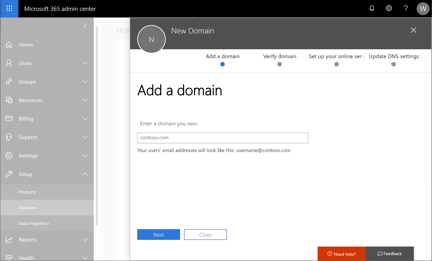Screenshot of Microsoft 365 admin center with Settings > Domains selected and a new domain name being added