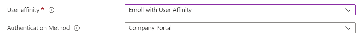 In the Intune admin center and Microsoft Intune, enroll iOS/iPadOS devices using automated device enrollment (ADE). Select enroll with user affinity and use the Company Portal app for authentication.