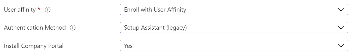 In the Intune admin center and Microsoft Intune, enroll iOS/iPadOS devices using automated device enrollment (ADE). Select enroll with user affinity, use the Setup Assistant for authentication, and install the Company Portal app.