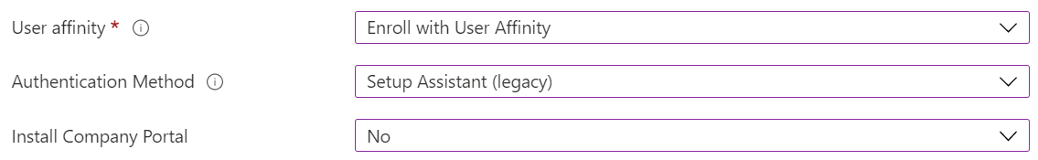 In the Intune admin center and Microsoft Intune, enroll iOS/iPadOS devices using automated device enrollment (ADE). Select enroll with user affinity, use the Setup Assistant for authentication, and don't install the Company Portal app.