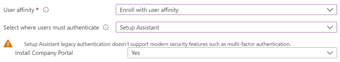 In the Intune admin center and Microsoft Intune, enroll iOS/iPadOS devices using Apple Configurator. Select enroll with user affinity, use Setup Assistant for authentication, and install the Company Portal app.