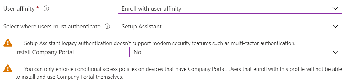 In the Intune admin center and Microsoft Intune, enroll iOS/iPadOS devices using Apple Configurator. Select enroll with user affinity, use Setup Assistant for authentication, and don't install the Company Portal app.