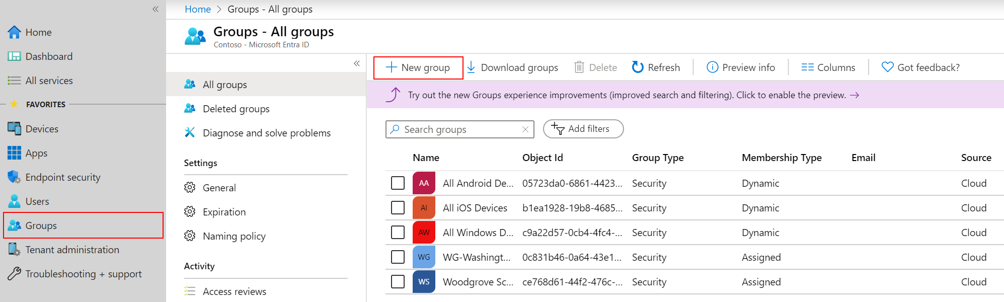 Screenshot that shows the Azure portal with New Group selected.