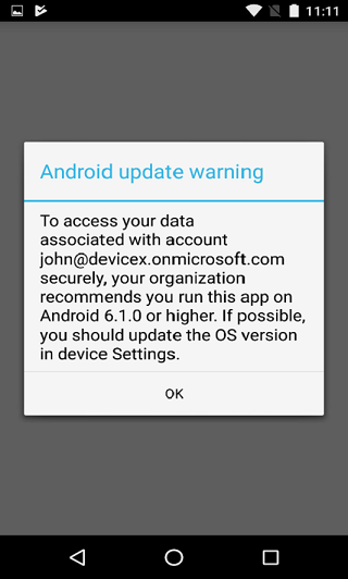 Image of the Android update warning dialog