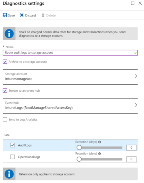 Screenshot that shows how to send Microsoft Intune audit logs to an Azure storage account.