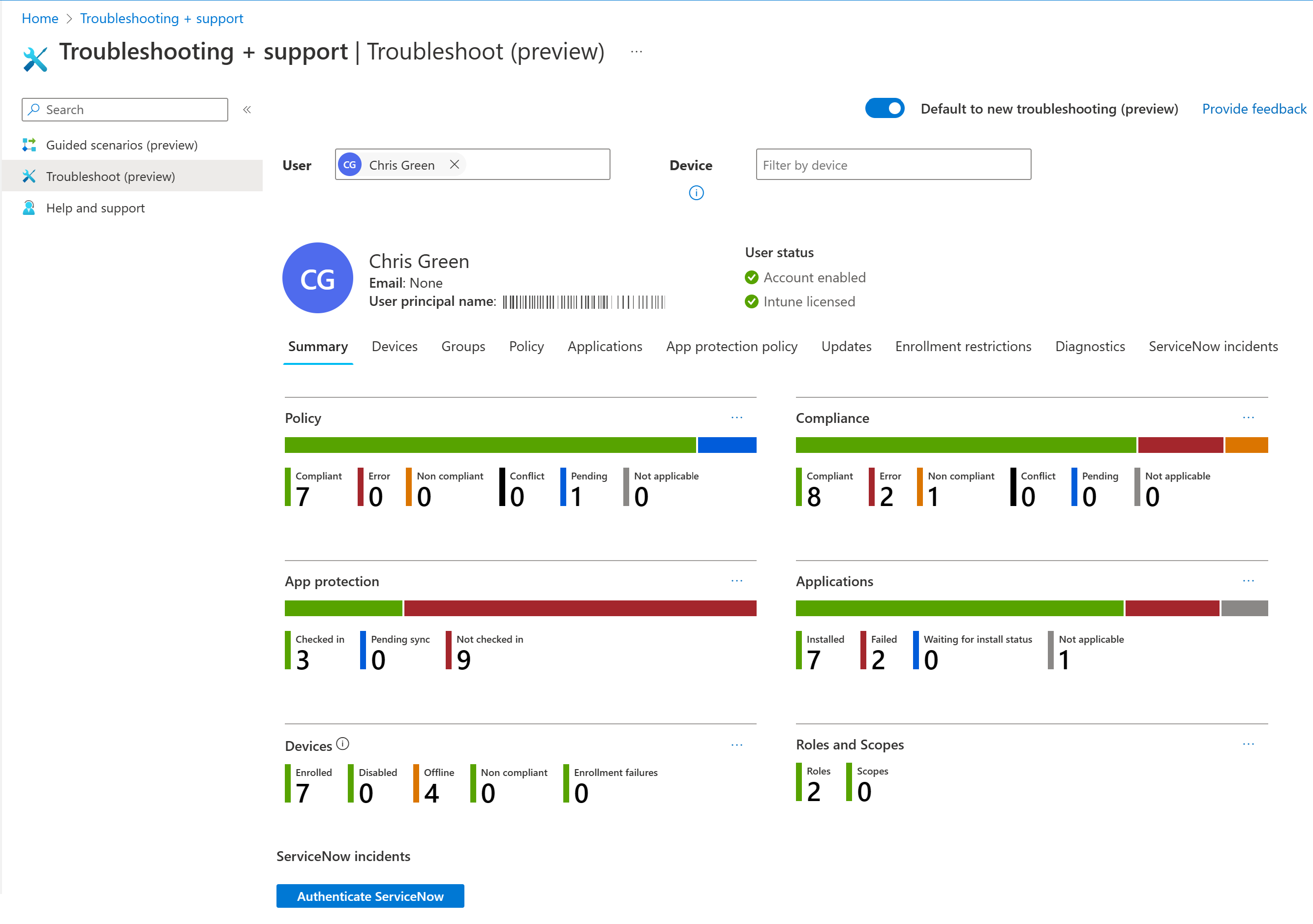 Screenshot that shows the Intune troubleshooting dashboard with the Summary tab and selected user details