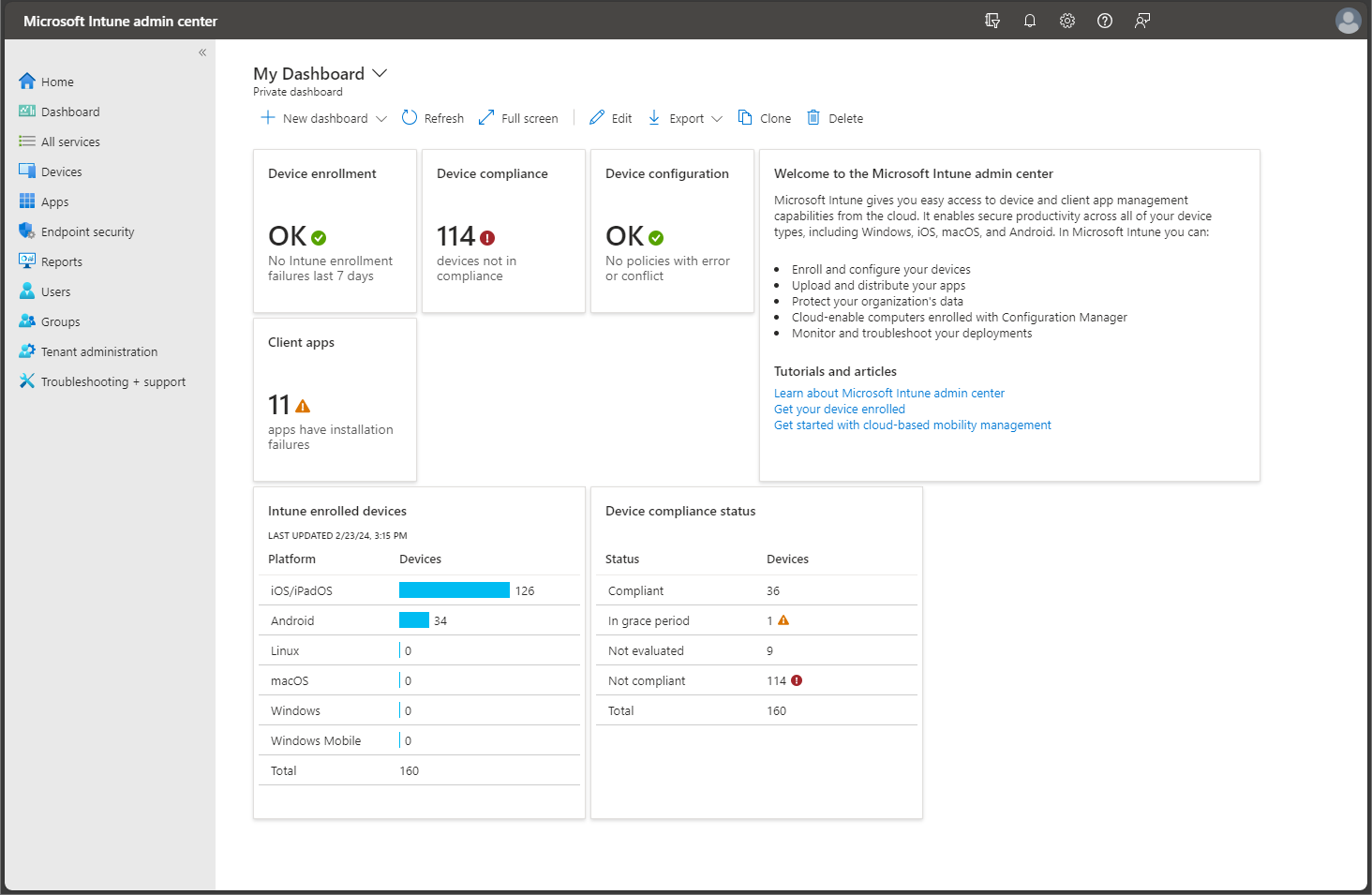 Screenshot of the Microsoft Intune admin center - Dashboard