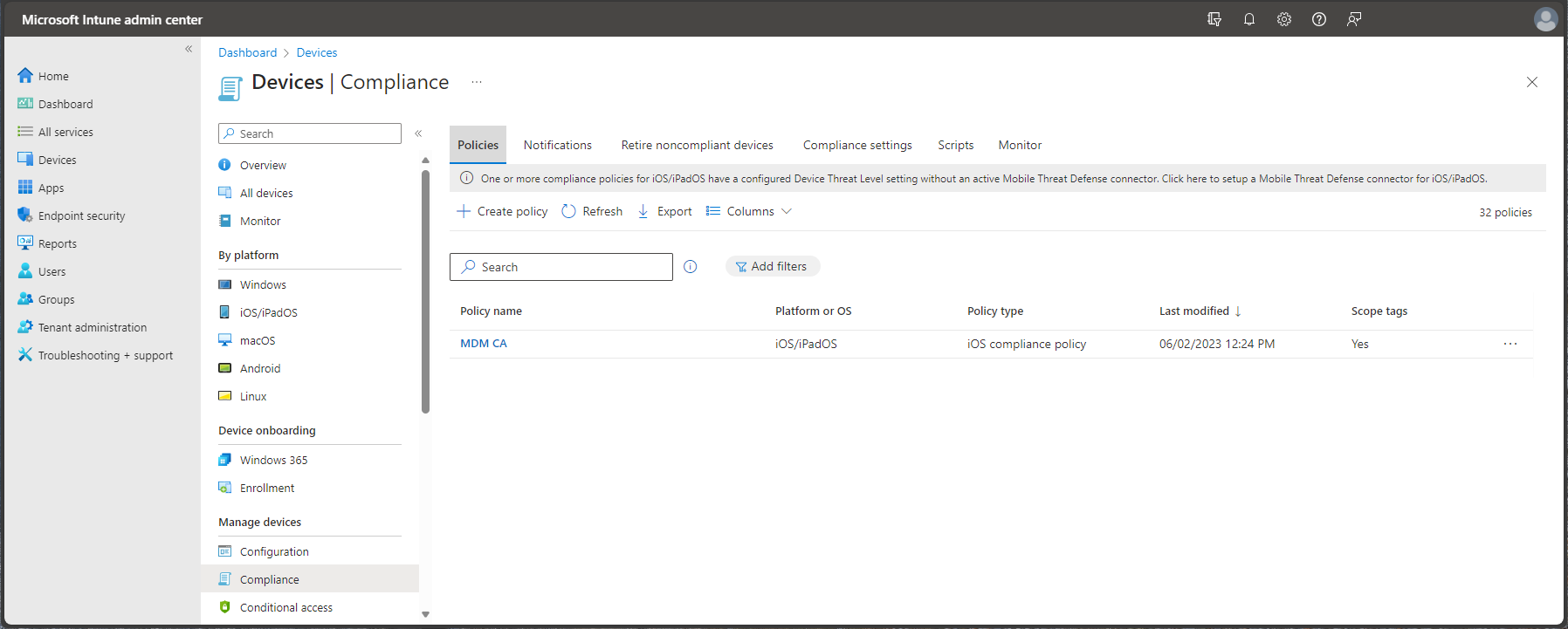 Screenshot of the Microsoft Intune admin center - Compliance policies