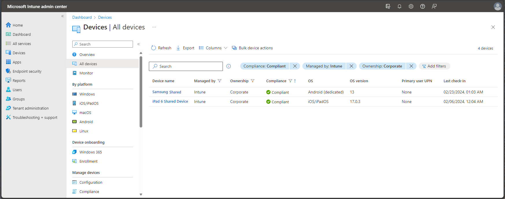 Screenshot of the Microsoft Endpoint Manager admin center - All devices