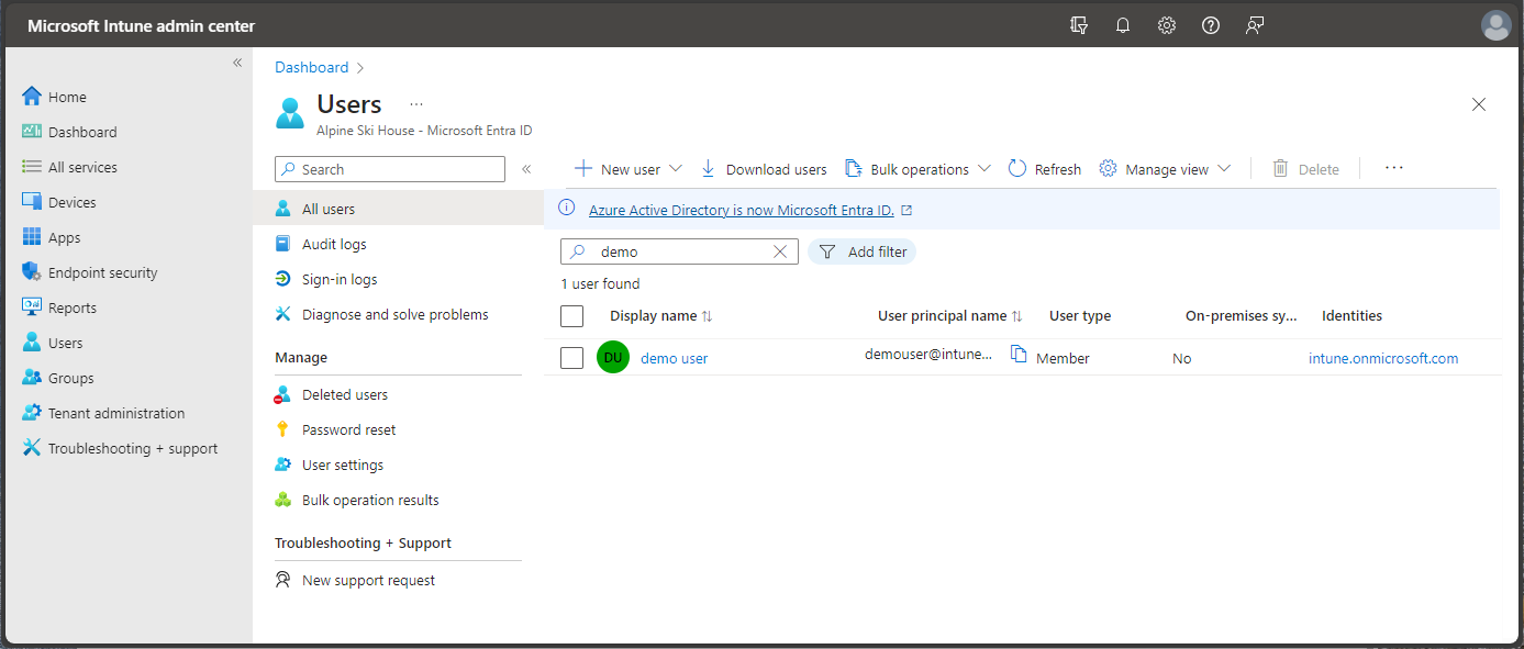 Screenshot of the Microsoft Intune admin center - Users