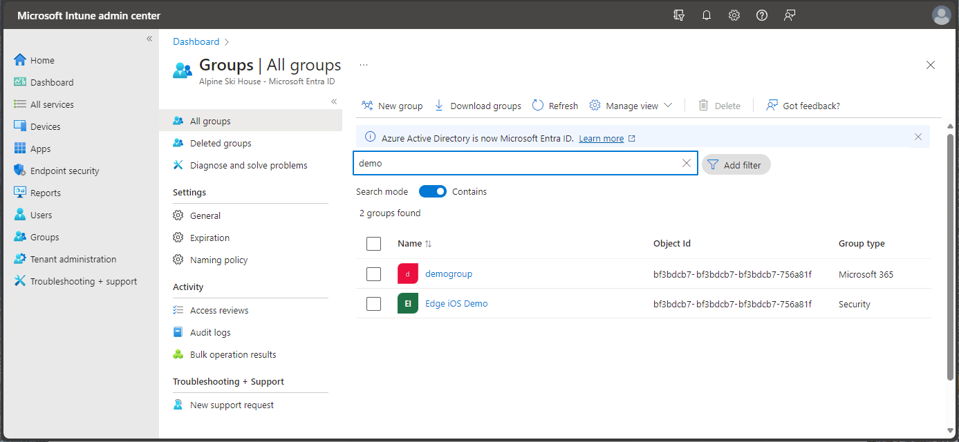 Screenshot of the Microsoft Endpoint Manager admin center - Groups