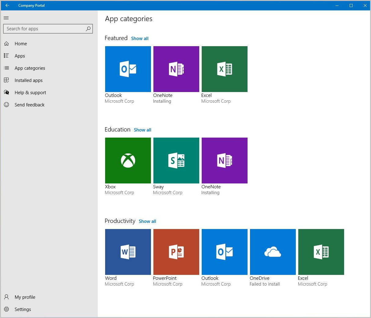 Screenshot of Company Portal for Windows 10, App categories screen.