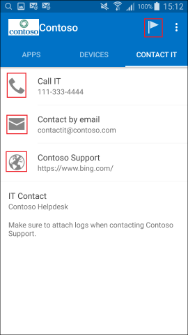 Screenshot shows Company Portal app for Android, CONTACT I D screen.
