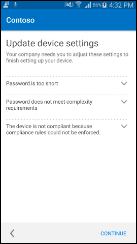 Screenshot shows Company Portal app for Android text after update, Update device settings screen.