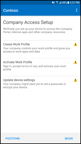 Screenshot shows Company Portal app for Android text after update, Company Access Setup screen with Work Profile Setup.