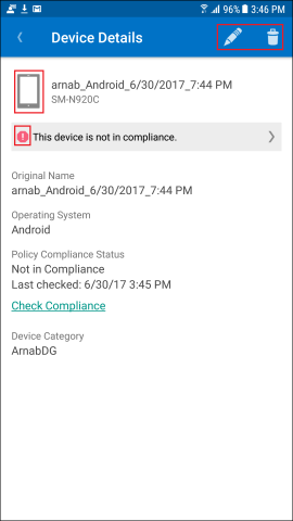 Screenshot shows Company Portal app for Android, Device Details screen.