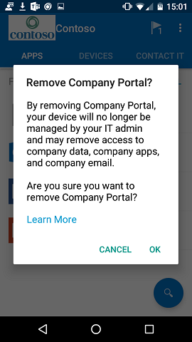 An image of the confirmation dialog, that is available after selecting the new "remove company portal" option from the action menu. The dialog informs the user that "by removing company portal, your device will no longer be managed by your IT admin and may remove access to company data, company apps, and company email." It then asks the user to confirm that they want to remove the Company Portal app by selecting "Yes".