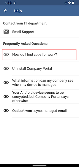 Screenshot of Company Portal Help screen highlighting the new FAQ doc link.
