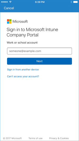 The Company Portal sign-in page, with an icon of a person in front of a graphical representation of a website. Underneath is the "Sign in" button. A link at the bottom leads to Microsoft Privacy and Cookies information.