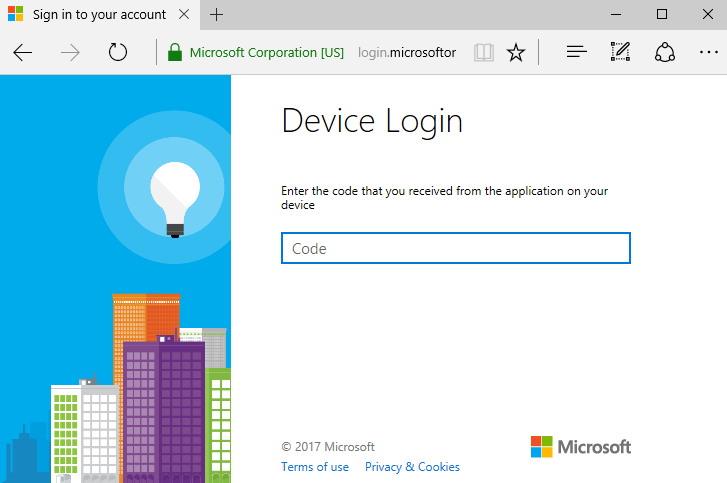 An image of the user's browser on their work computer rather than their Company Portal app. The "Device login" page displayed prompts the user for the code they received in the Company Portal app.