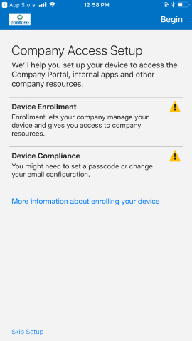 Screenshot shows Company Portal app for i O S / i Pad O S before update, Company Access Setup screen.