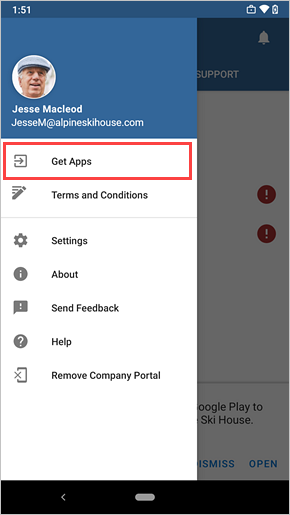 Example image Company Portal left-hand drawer, highlighting Get apps menu item.