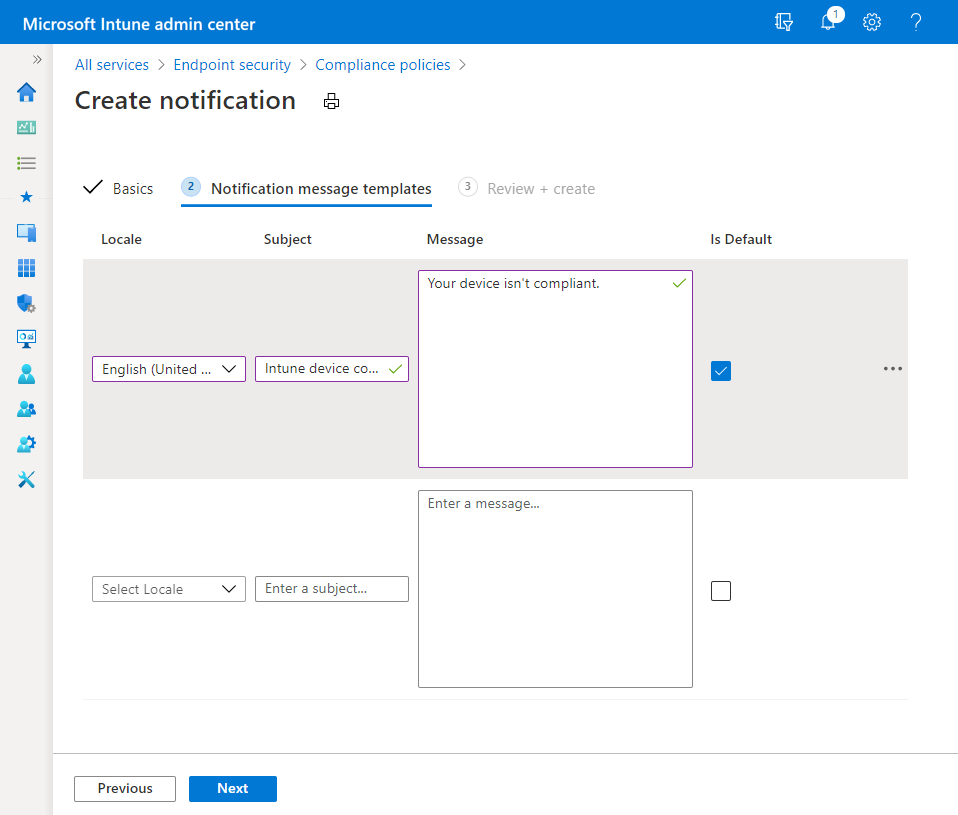 Example of the Notification message temmplate page in Intune
