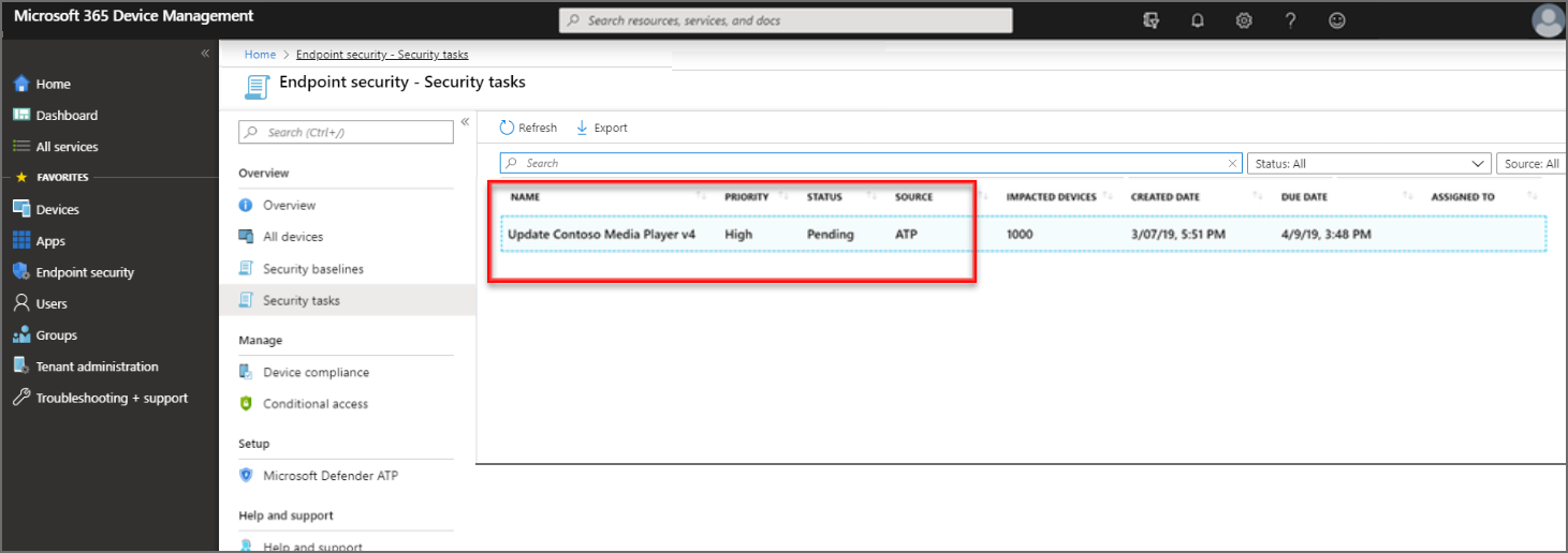 View the list of security tasks in the Intune admin center
