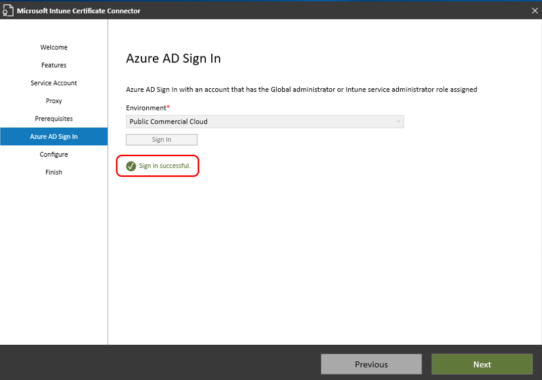 Successful sign in to Azure Active Directory.
