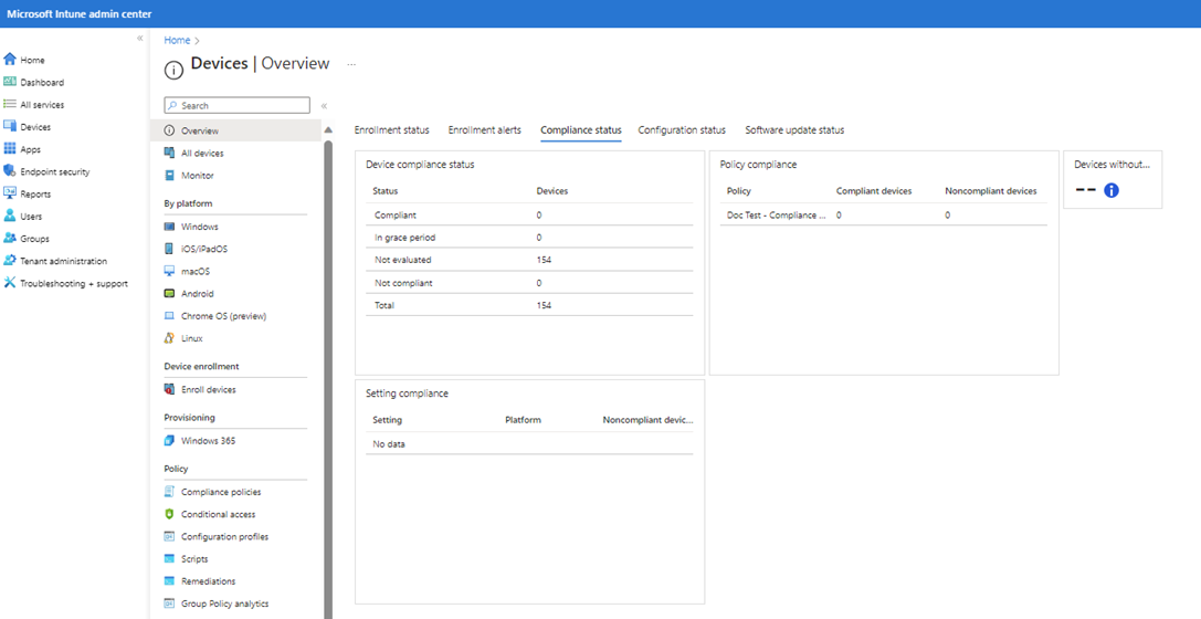 Image of the Intune admin center that shows the charts available on the Compliance status tab.