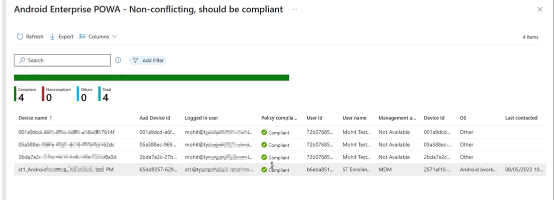 View of the detailed device status report, after selecting the View report button in the Intune admin center.