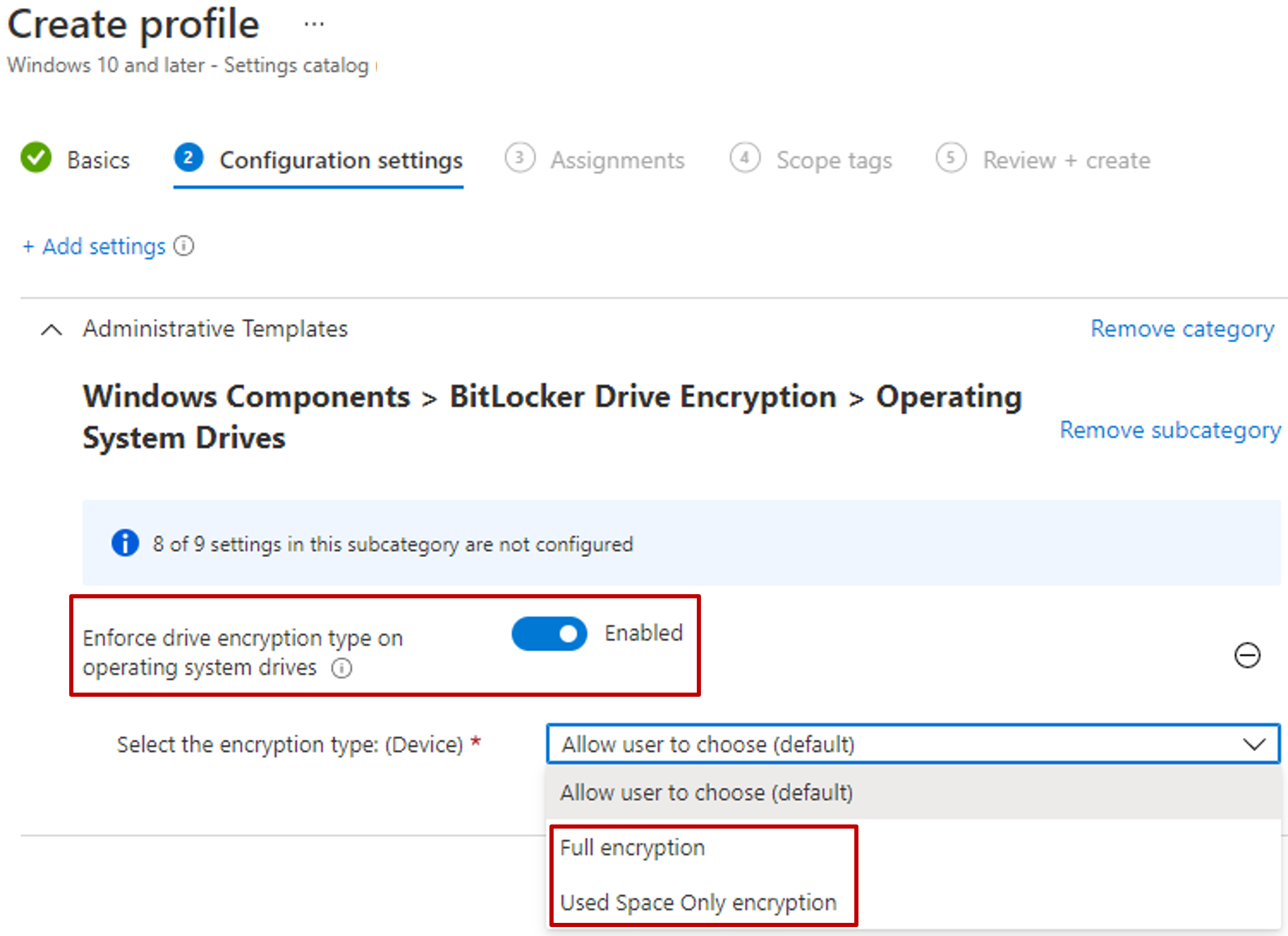 Screenshot of Intune settings catalog displaying Enforce drive encryption type on operating system drives setting and drop-down list to select from full or used space only encryption types.