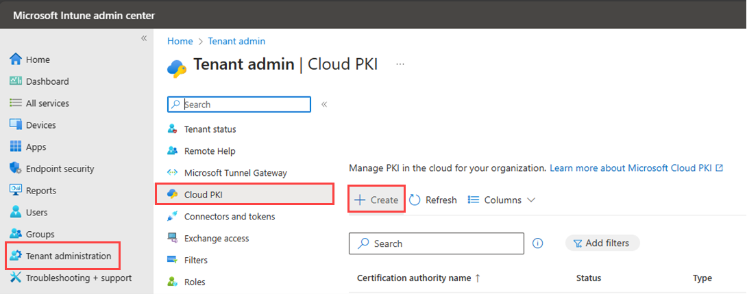 Image of the Microsoft Intune admin center Cloud PKI page, highlighting the path to create a Cloud PKI root CA.