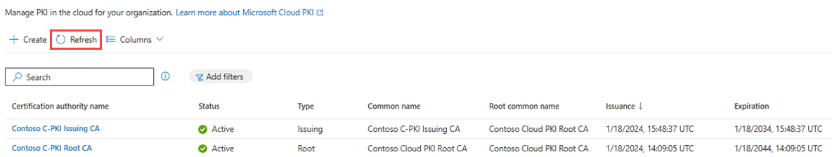 Image of the Microsoft Cloud PKI list showing the new issuing CA.