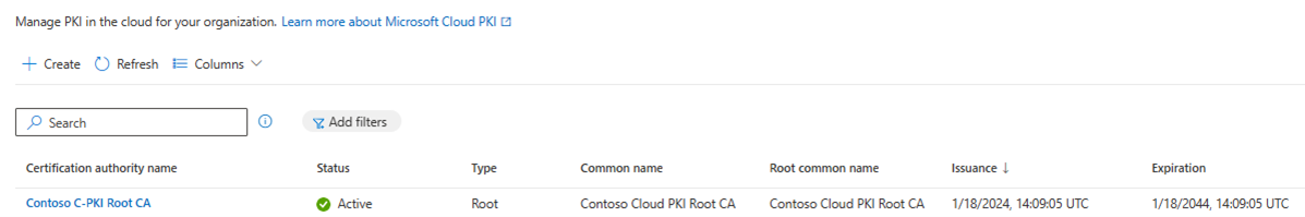 Image of the Microsoft Cloud PKI list showing the new root CA.
