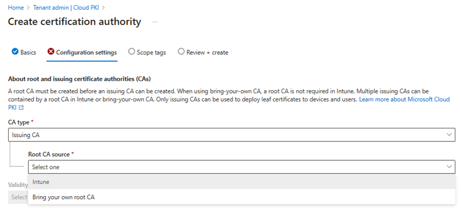 Admin center showing the CA type selected and the root CA source expanded, highlighting the Intune option.