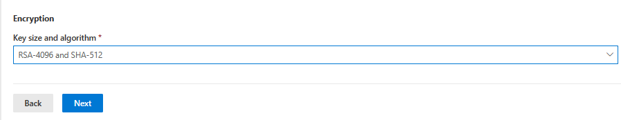 Image of Key size and algorithm setting in Cloud PKI configuration settings.