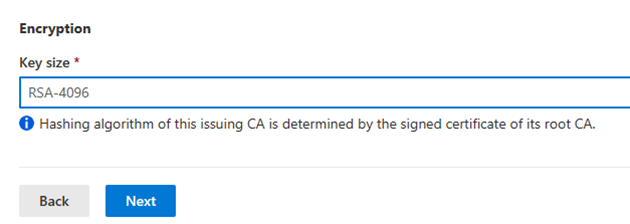 Image of Key size and algorithm setting in Cloud PKI configuration settings.