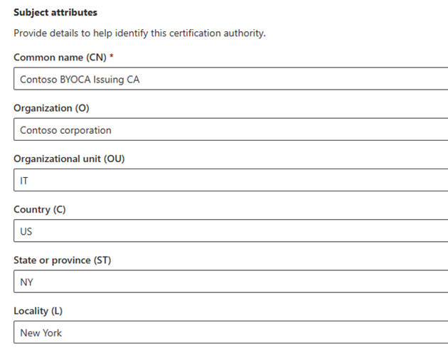 Intune admin center showing Cloud PKI subject attributes settings.