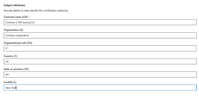 Intune admin center showing Cloud PKI subject attributes settings.