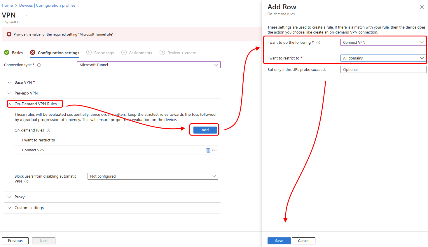 Screen shot of the Add Row pane where you configure the on-demand rule.
