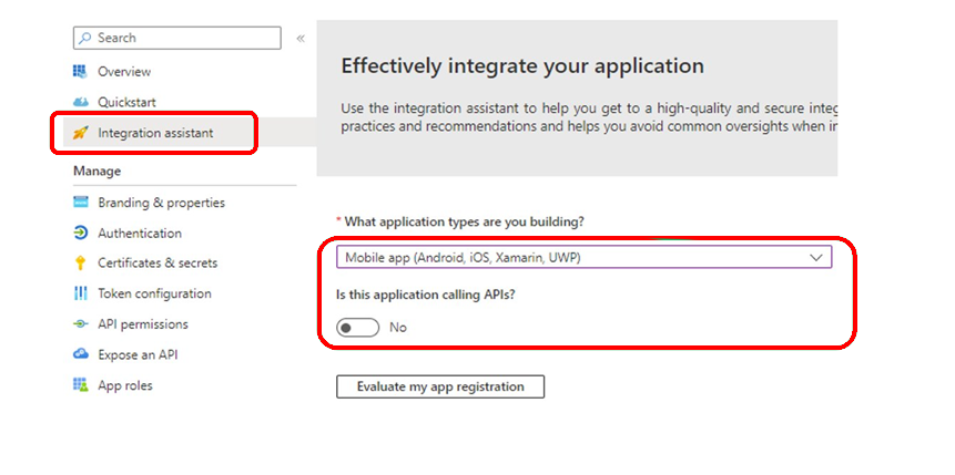 Use the app registration Integration assistant to verify settings.