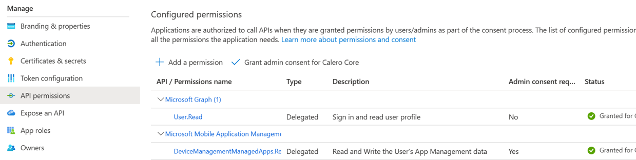 Review the APP permissions in the app registration.
