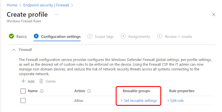 Screenshot of the Configuration settings workflow for configuring a reusable group.