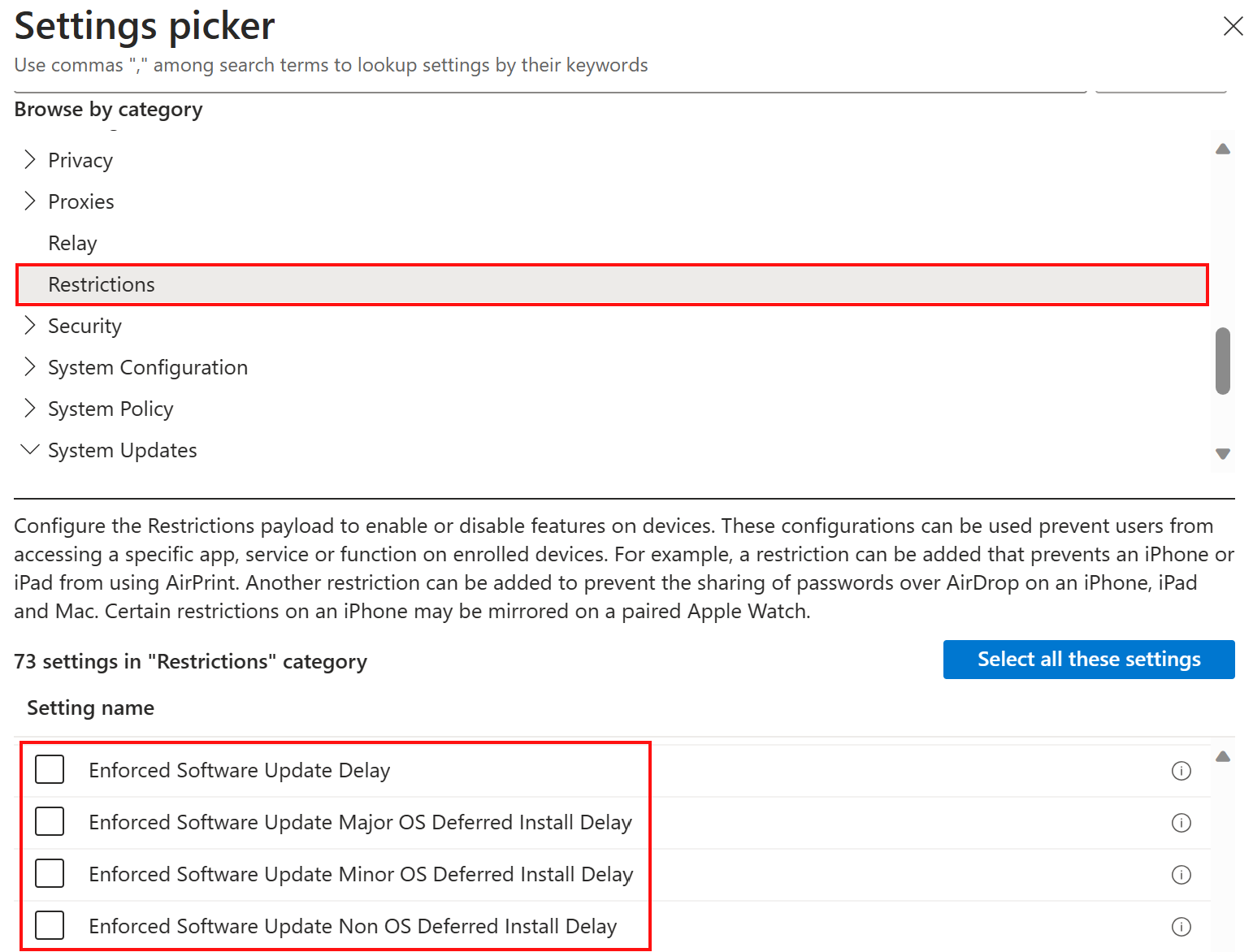 Screenshot that shows the settings catalog restrictions policy settings to delay or defer software updates in Microsoft Intune.