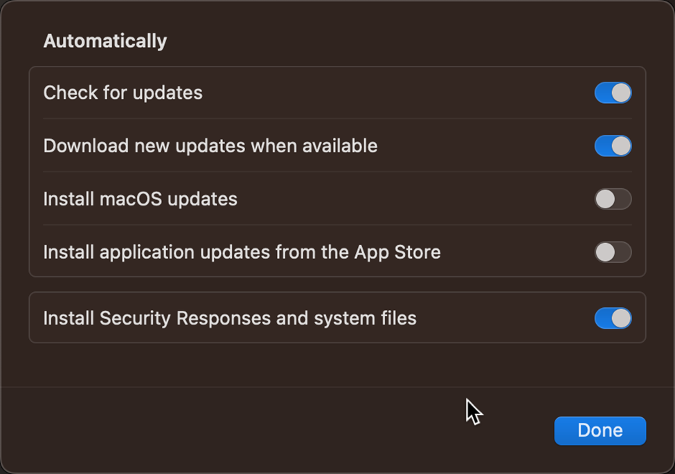 The operating system default update settings and controls on a macOS Apple device.