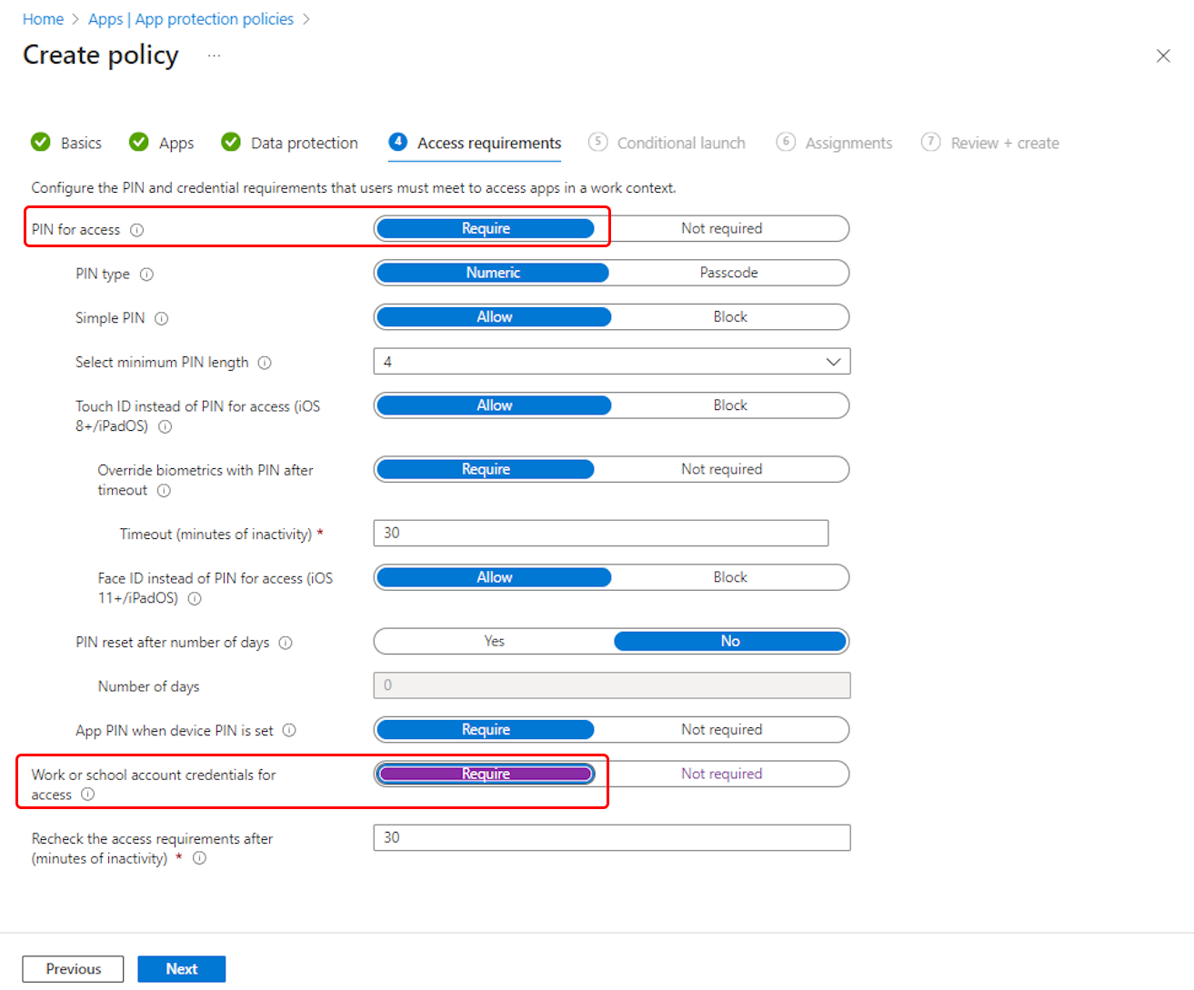 Select the Outlook app protection policy access actions.
