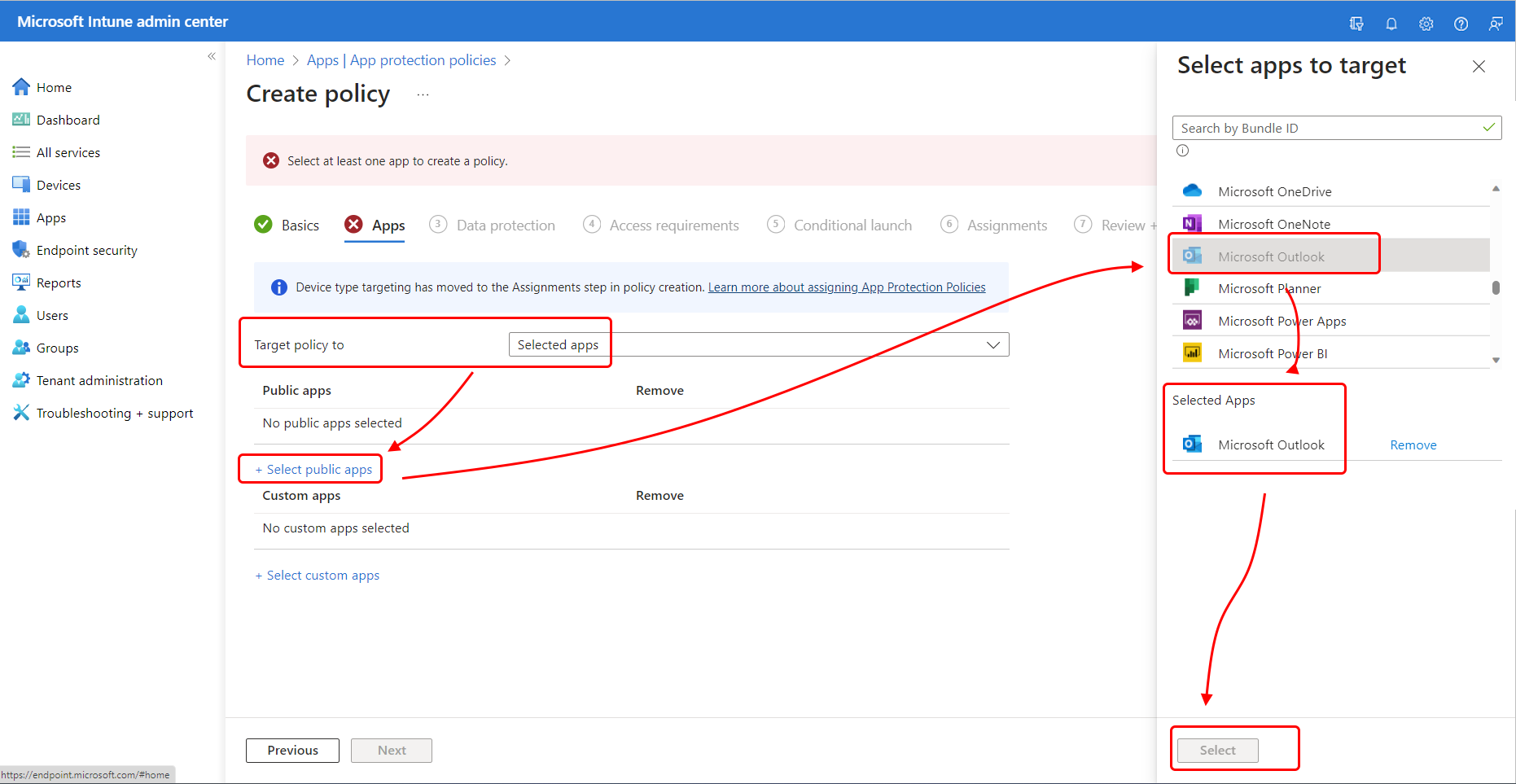 Locate and add Microsoft Outlook as a public app for this policy.