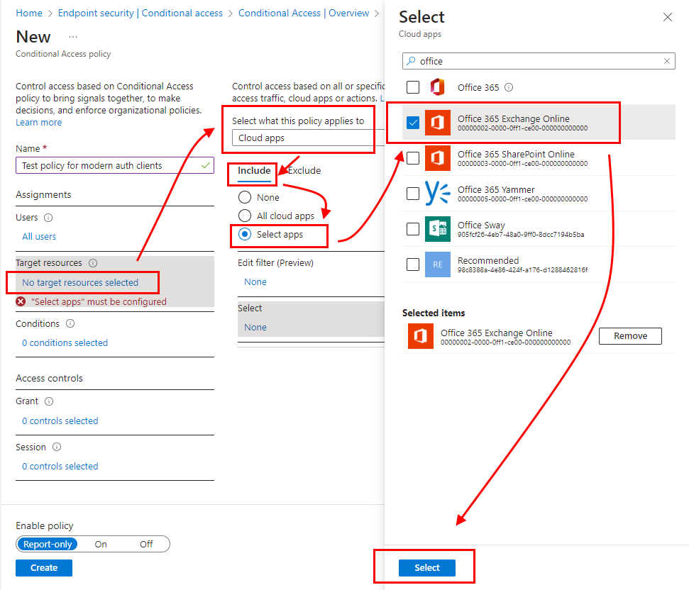 Select the Office 365 Exchange Online app.