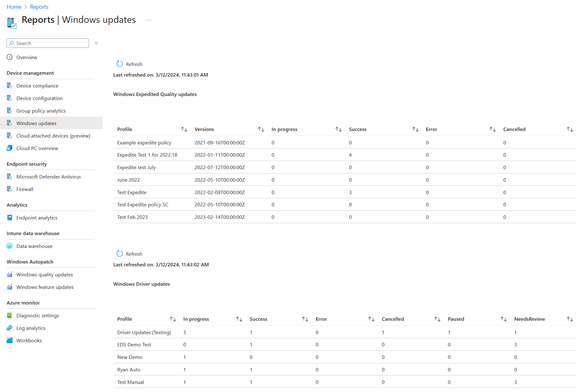 Screen capture of the Windows Driver Updates summary page.